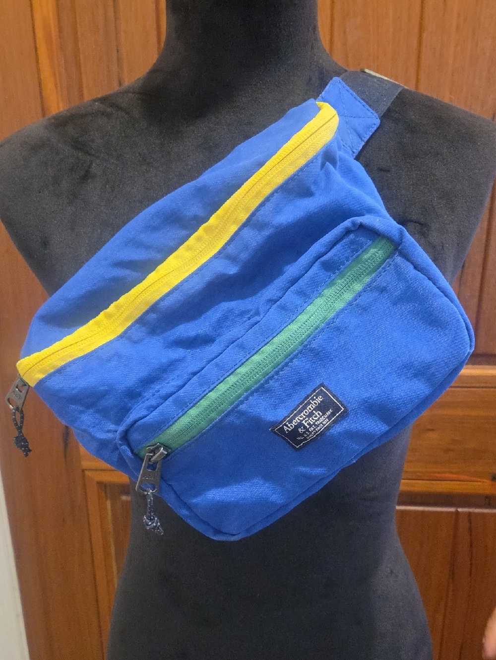 Abercrombie & Fitch Royal Blue Sling Bag with Yellow & Green Zippers